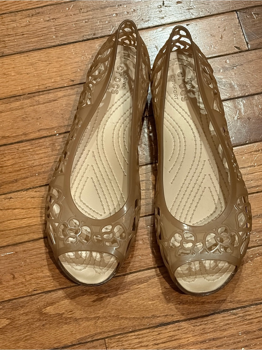 Crocs Isabella Jelly Flats Peep Toe Womens Size 11 Dark Gold/Tan